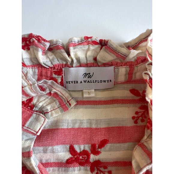 Never A Wallflower S Red & White Striped Embroidered Floral Cotton Top Ruffled C - Picture 7 of 8
